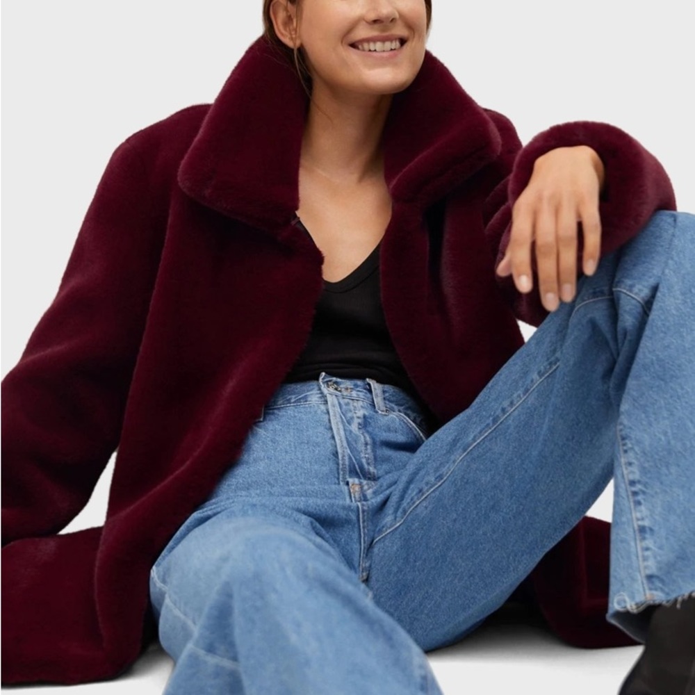 Burgundy red fur coat with high collar! Only worn once